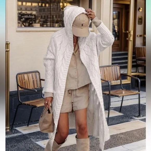 Women Hooded Open Front Cardigan Cable Knit Sweater Coats Beige Chunky Oversized