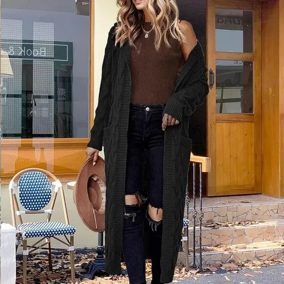 Women Hooded Open Front Cardigan Cable Knit Sweater Coats Black Chunky Oversized