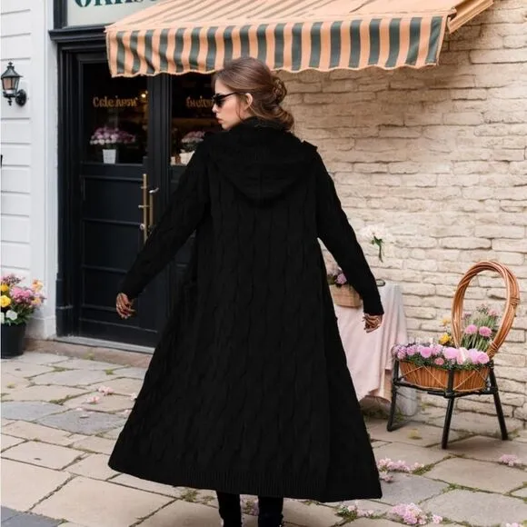 Women Hooded Open Front Cardigan Cable Knit Sweater Coats Black Chunky Oversized