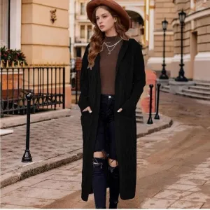 Women Hooded Open Front Cardigan Cable Knit Sweater Coats Black Chunky Oversized