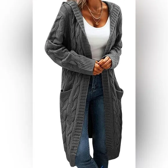 Women Hooded Open Front Cardigan Cable Knit Sweater Coats Gray Chunky Oversized