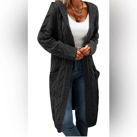 Women Hooded Open Front Cardigan Cable Knit Sweater Coats Gray Chunky Oversized