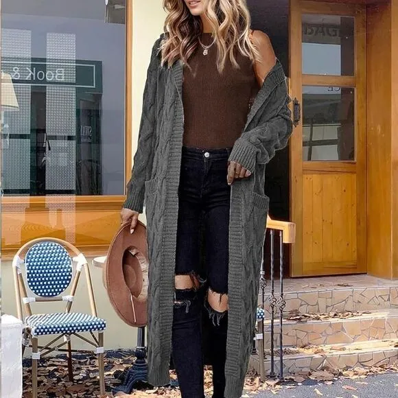 Women Hooded Open Front Cardigan Cable Knit Sweater Coats Gray Chunky Oversized