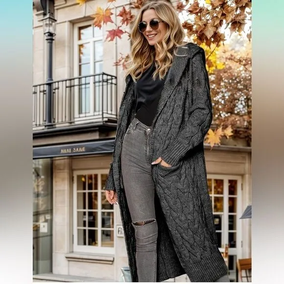 Women Hooded Open Front Cardigan Cable Knit Sweater Coats Gray Chunky Oversized