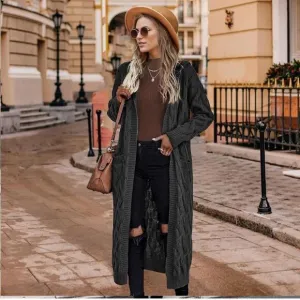 Women Hooded Open Front Cardigan Cable Knit Sweater Coats Gray Chunky Oversized