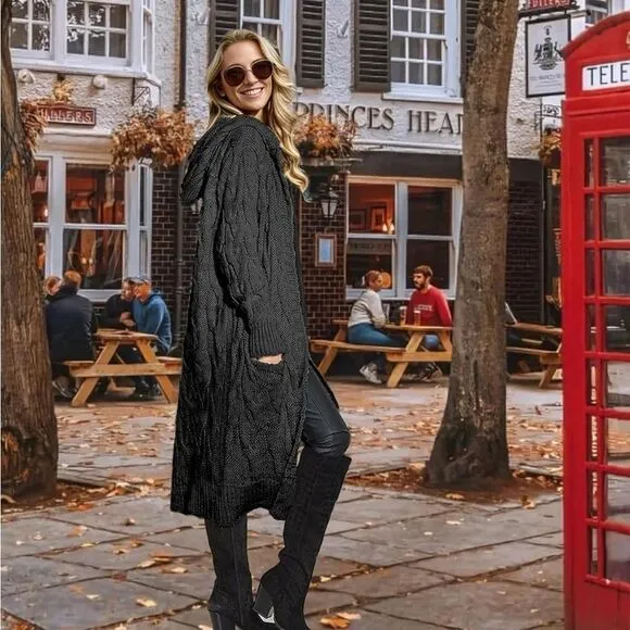 Women Hooded Open Front Cardigan Cable Knit Sweater Coats Gray Chunky Oversized