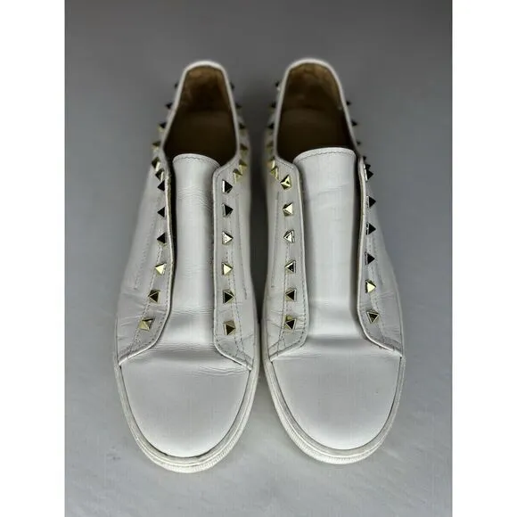 Women's Michele Lopriore‎ Sofia Leather White/Gold Studded Tennis Shoes Size 8.5