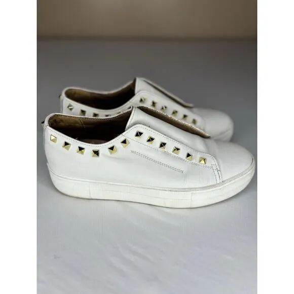 Women's Michele Lopriore‎ Sofia Leather White/Gold Studded Tennis Shoes Size 8.5