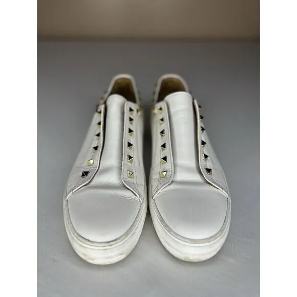 Women's Michele Lopriore‎ Sofia Leather White/Gold Studded Tennis Shoes Size 8.5