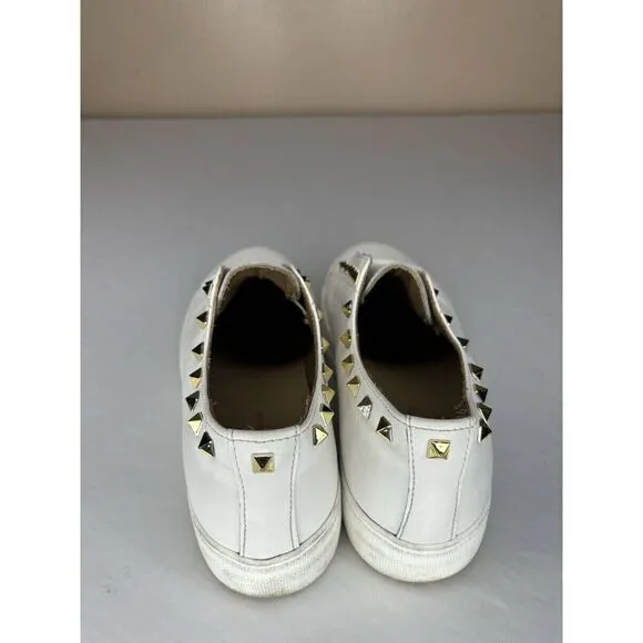 Women's Michele Lopriore‎ Sofia Leather White/Gold Studded Tennis Shoes Size 8.5