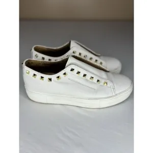 Women's Michele Lopriore‎ Sofia Leather White/Gold Studded Tennis Shoes Size 8.5
