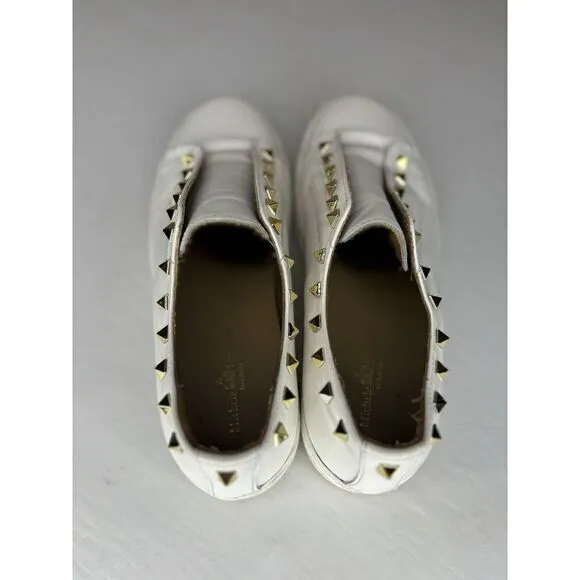 Women's Michele Lopriore‎ Sofia Leather White/Gold Studded Tennis Shoes Size 8.5