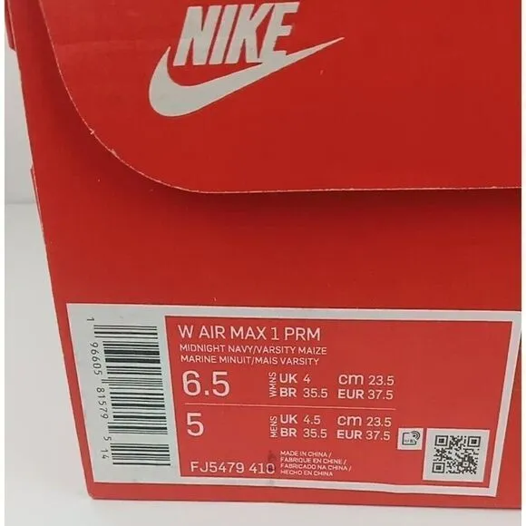 WOMENS NIKE AIR MAX 1 PREMIUM_NAVY/VARSITY MAIZE-NATURAL FJ5479-410 (6.5)