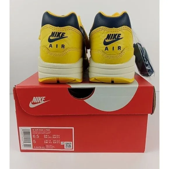 WOMENS NIKE AIR MAX 1 PREMIUM_NAVY/VARSITY MAIZE-NATURAL FJ5479-410 (6.5)